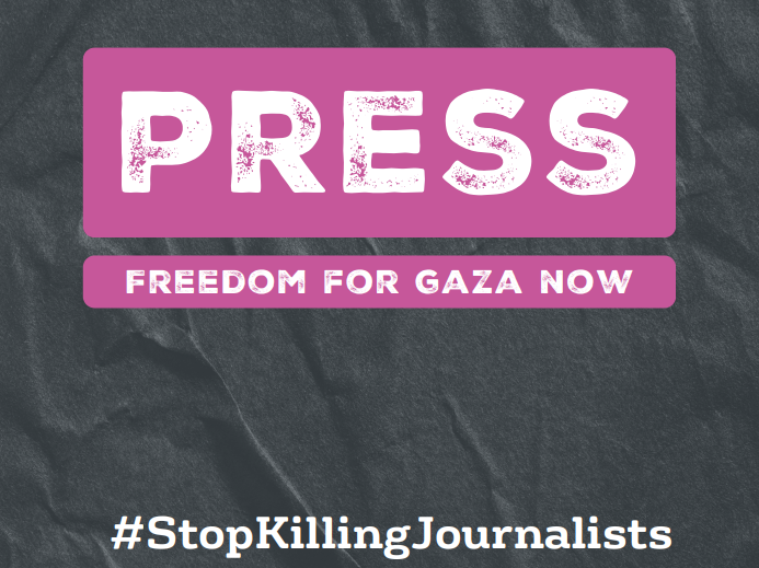 A graphic with a dark grey background and the words 'Press freedom for Gaza now' in white capital letters on top of bright pink banner strips. There is a white logo for the National Union Journalists at the bottom. Above the logo is a hashtag in white writing which reads: #StopKillingJournalists