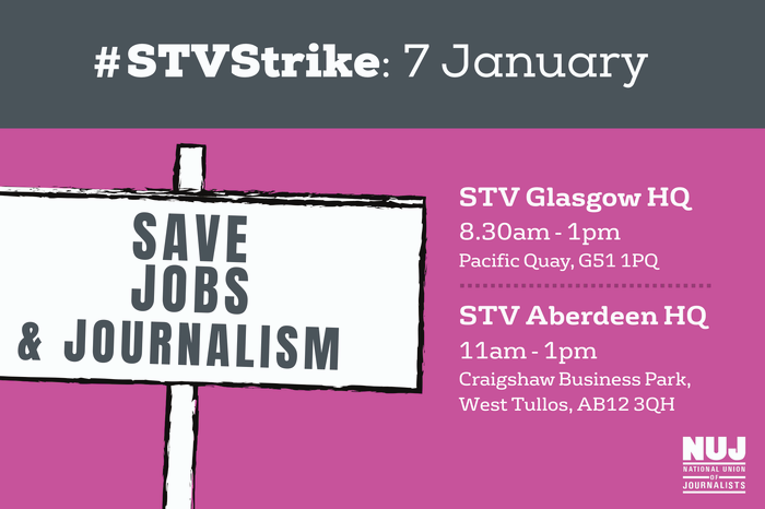 A graphic promoting picket line locations for the strike, including a placard that reads: SAVE JOBS & JOURNALISM. There is also a hashtag for use on social media that reads #STVStrike