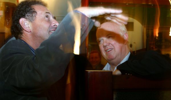 NUJ member Andrew Bibby from Hebden Bridge, left, is in animated conversation with Michael Meadowcroft, right, at the celebration of the centenary of an NUJ branch in Leeds in October 2006.